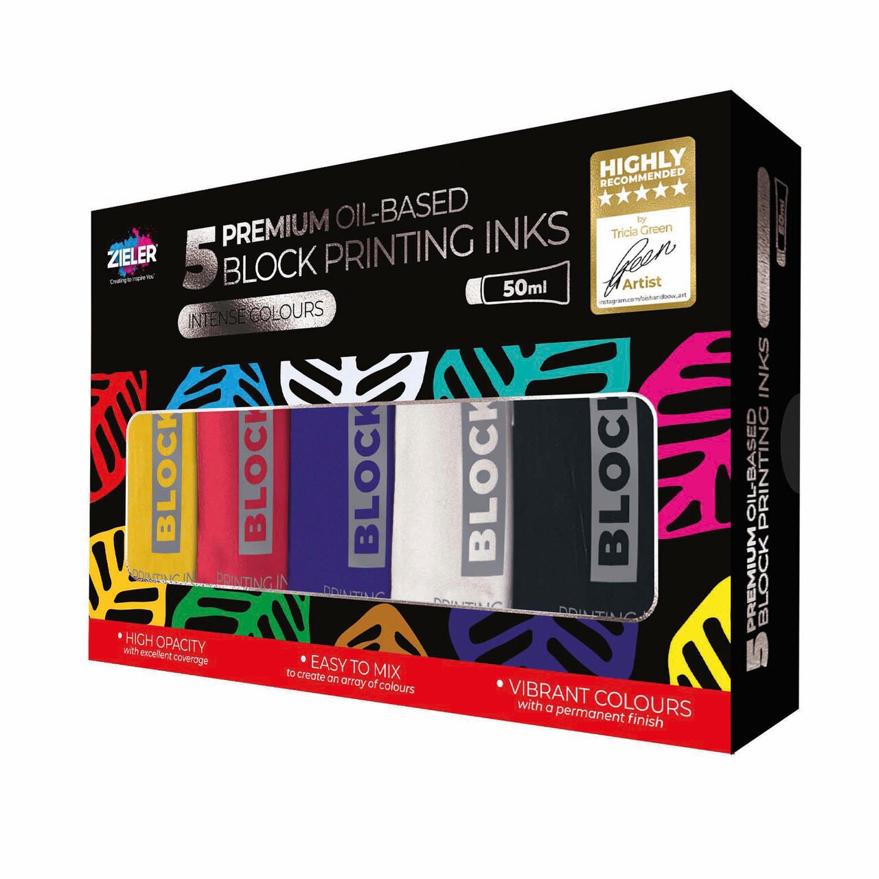 Zieler® 5 Block Printing Inks, Premium Oil-Based 50ml Tubes in Black, Blue, Red, White & Yellow